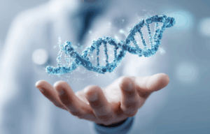 Symboliczna wizualizacja nici DNA unoszącej się nad dłonią lekarza, przedstawiająca zaawansowaną diagnostykę genetyczną.